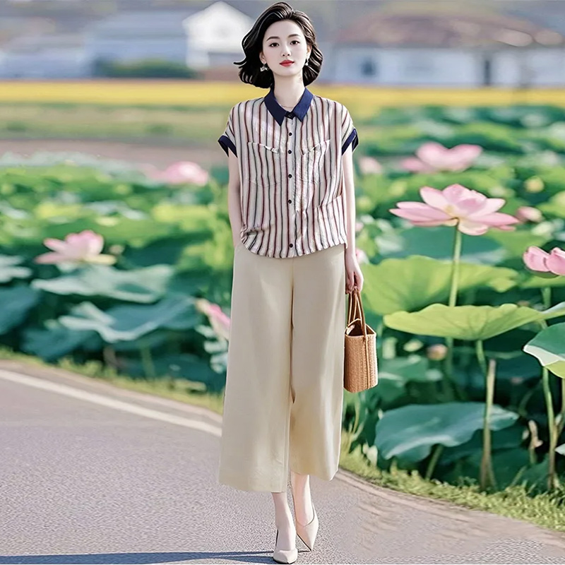 12643502.妈妈装夏季翻领显瘦减龄衬衫+裤子两件套装QFDN28068