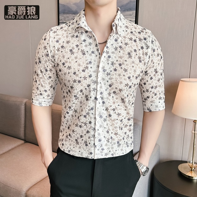 12310689.夏季新款蕾丝破洞碎花提花衬衫男薄款透气青年时尚潮流帅气衬衣薄