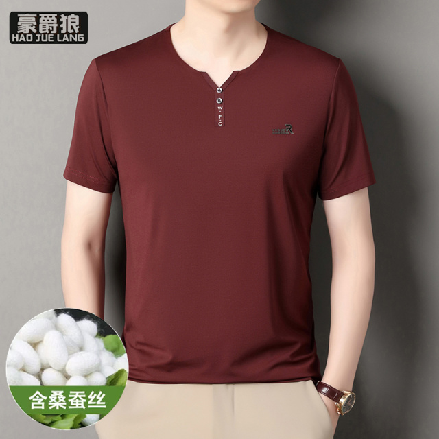 12310702.夏季新款含桑蚕丝短袖t恤男士休闲v领冰丝亲肤舒适百搭纯色上衣
