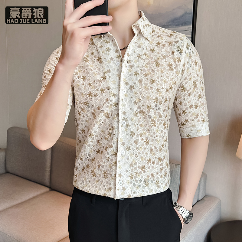 12310689.夏季新款蕾丝破洞碎花提花衬衫男薄款透气青年时尚潮流帅气衬衣薄