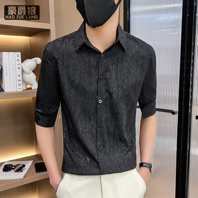 12310670.夏季冰丝衬衫男七分袖潮流痞帅修身中袖衬衣夏装弹力免烫帅气寸衫