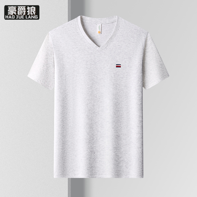 12310615.高端冰丝夏季新款男士短袖T恤V领纯色上衣休闲宽松短袖T恤男装