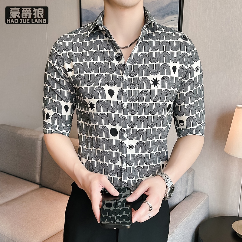 12310693.夏季新款男士短袖衬衫潮流时尚冰丝免烫痞帅印花高级感垂感衬衣