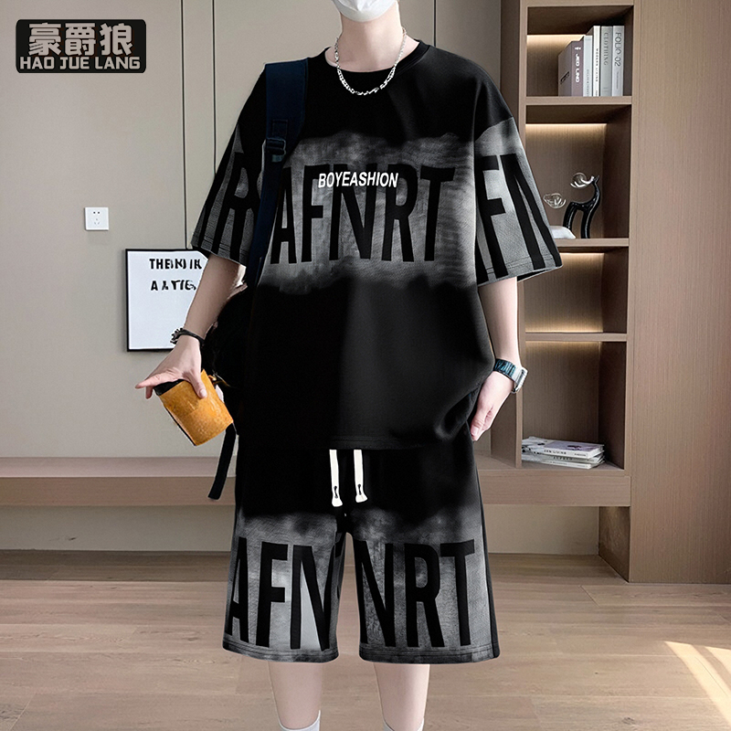 12310726.休闲套装男夏季高级感潮牌短袖短裤帅气青少年学生宽松运动两件套