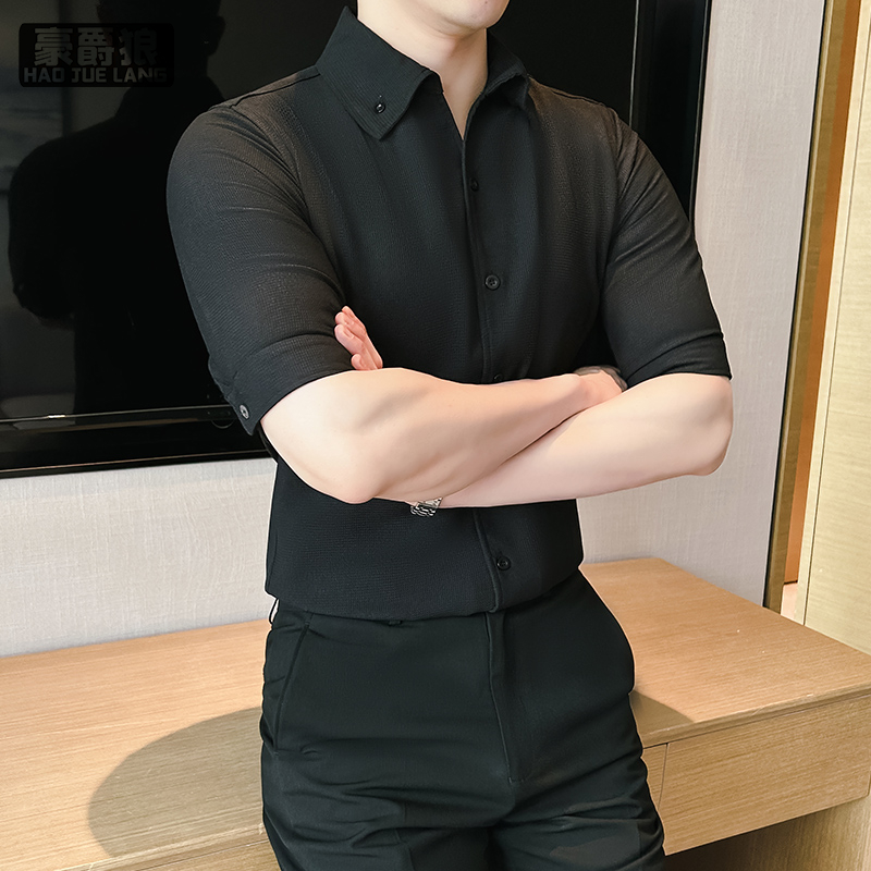 12310680.夏季华夫格新款男士短袖衬衫潮流时尚休闲潮男百搭衬衣薄款上衣服