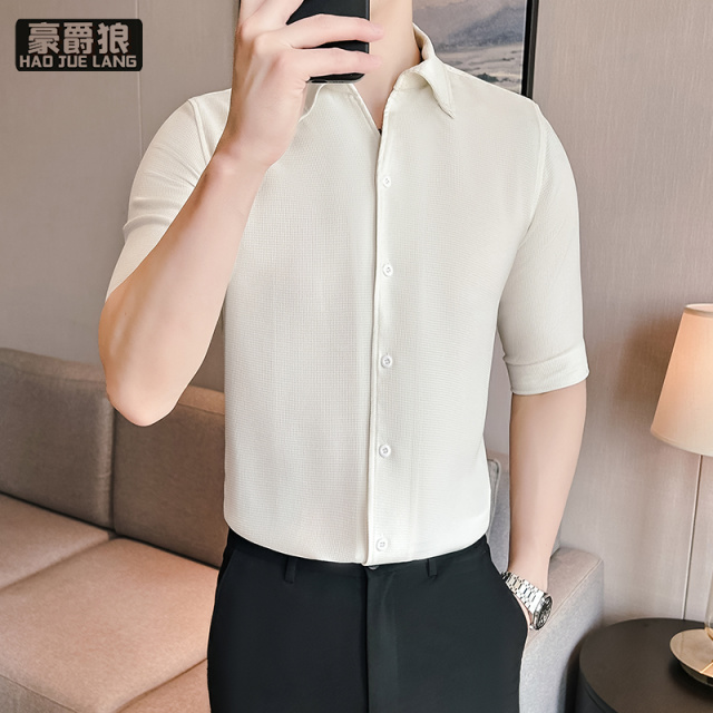 12310680.夏季华夫格新款男士短袖衬衫潮流时尚休闲潮男百搭衬衣薄款上衣服