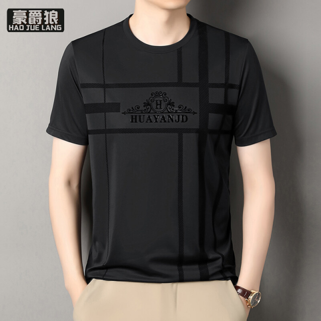 12310677.夏季新款男士桑蚕丝短袖T恤中年高档时尚圆领透气薄款上衣