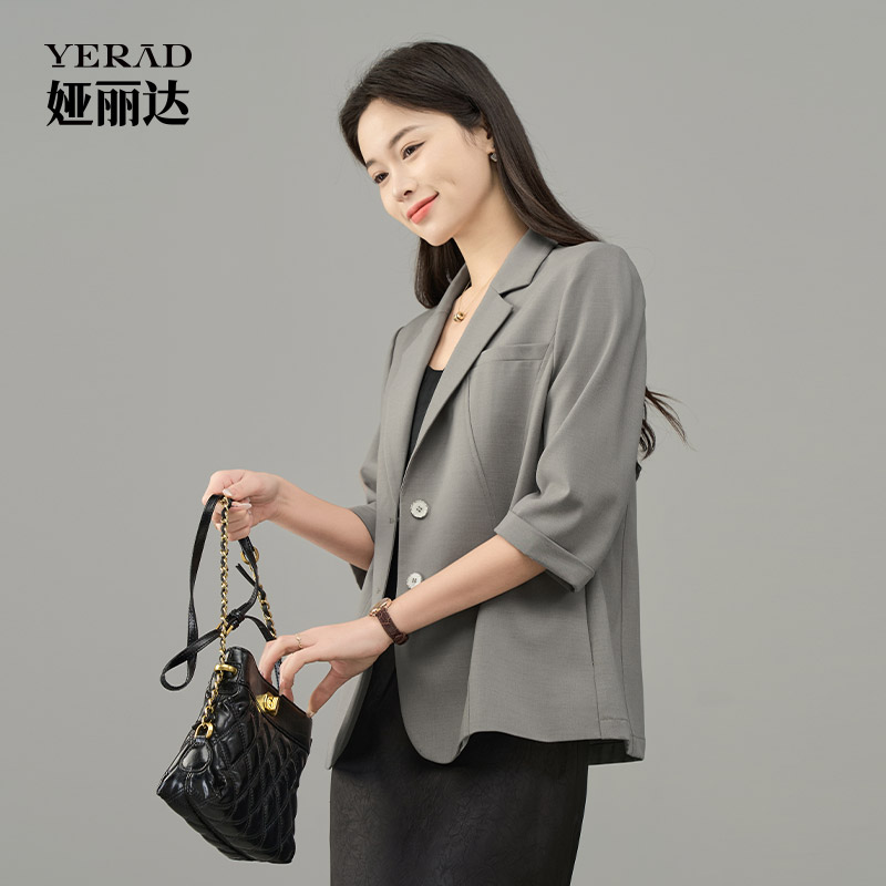 12311501.【娅丽达】通勤轻薄七分袖西装外套女上衣短款休闲西服