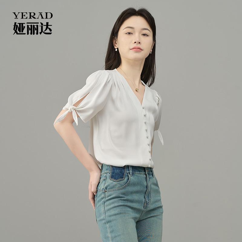 12311499.【娅丽达】法式v领泡泡袖短袖衬衫女