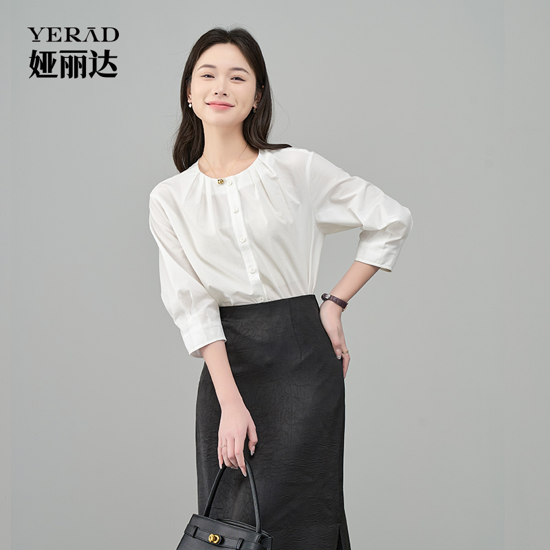 12311475.【娅丽达】法式气质文艺风七分袖衬衫女宽松通勤棉感衬衣