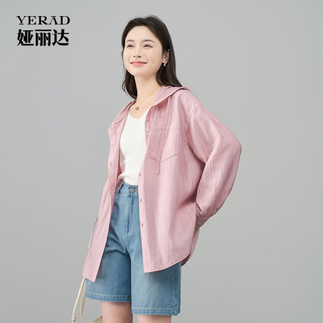 12311529.【娅丽达】粉色时尚连帽遮阳衫女宽松大码女装上衣薄款衬衫