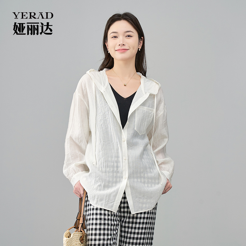 12311480.【娅丽达】时尚连帽遮阳衫女宽松大码女装上衣薄款衬衫