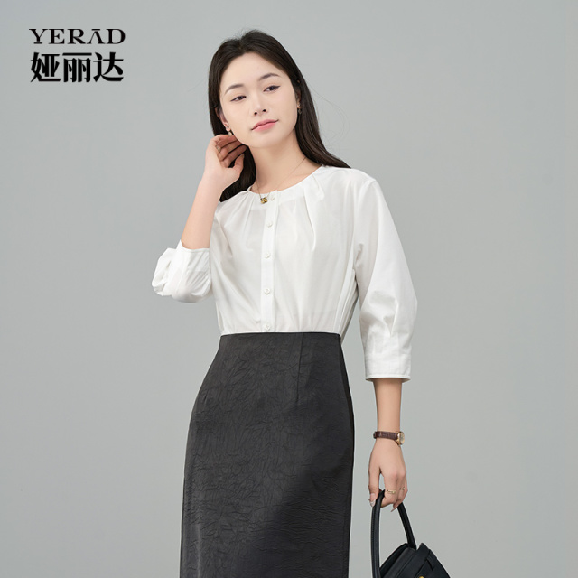 12311475.【娅丽达】法式气质文艺风七分袖衬衫女宽松通勤棉感衬衣