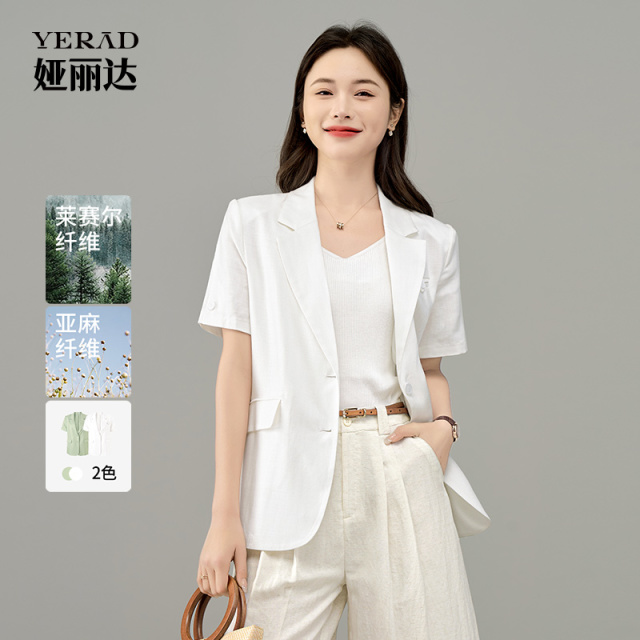 12311523.【娅丽达】轻薄莱赛尔休闲短袖西装外套女透气亚麻西服小上衣