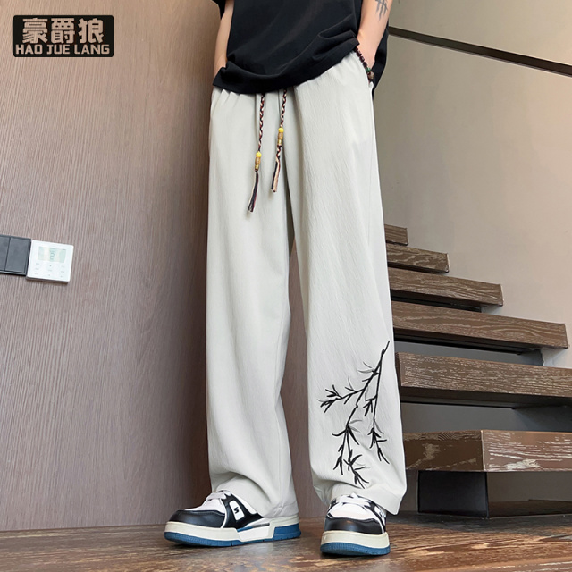 12313447.新款冰丝休闲裤男生夏季国潮风刺绣宽松直筒裤子薄款阔腿长裤