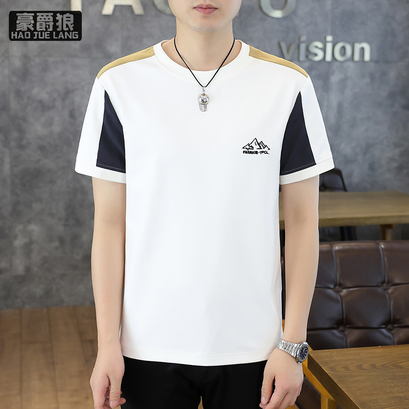 12313519.男士圆领短袖t恤夏季透气休闲时尚简约百潮流刺绣高品质T恤上衣