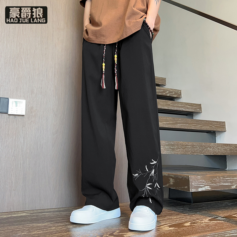 12313447.新款冰丝休闲裤男生夏季国潮风刺绣宽松直筒裤子薄款阔腿长裤