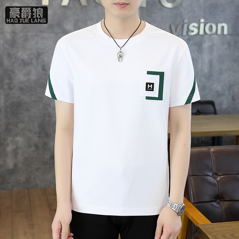 12313462.刺绣拼接男士t恤短袖潮流纯棉上衣服夏季男装休闲半袖体恤