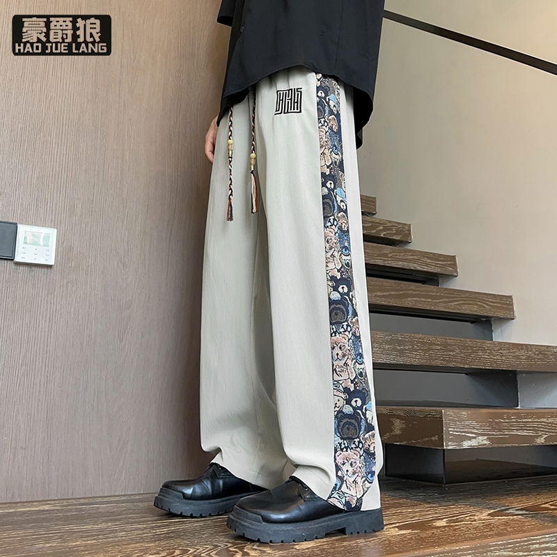 12313436.冰丝裤子男士夏季薄款国风刺绣九分男裤宽松速干运动休闲男生裤子