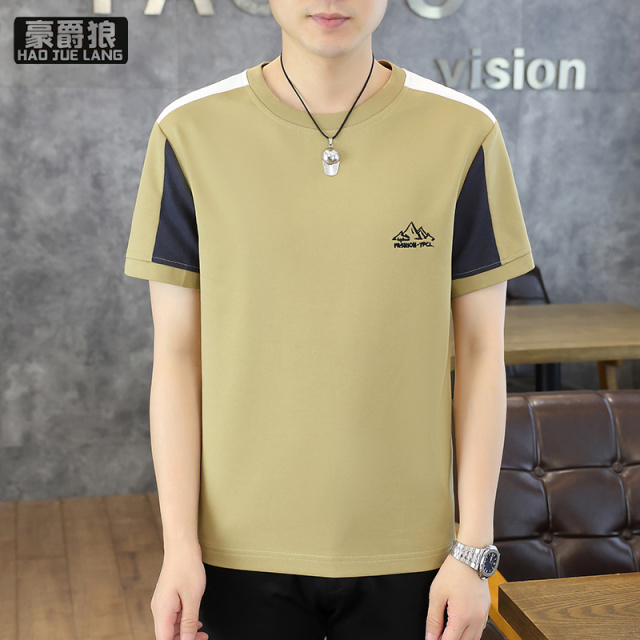 12313519.男士圆领短袖t恤夏季透气休闲时尚简约百潮流刺绣高品质T恤上衣