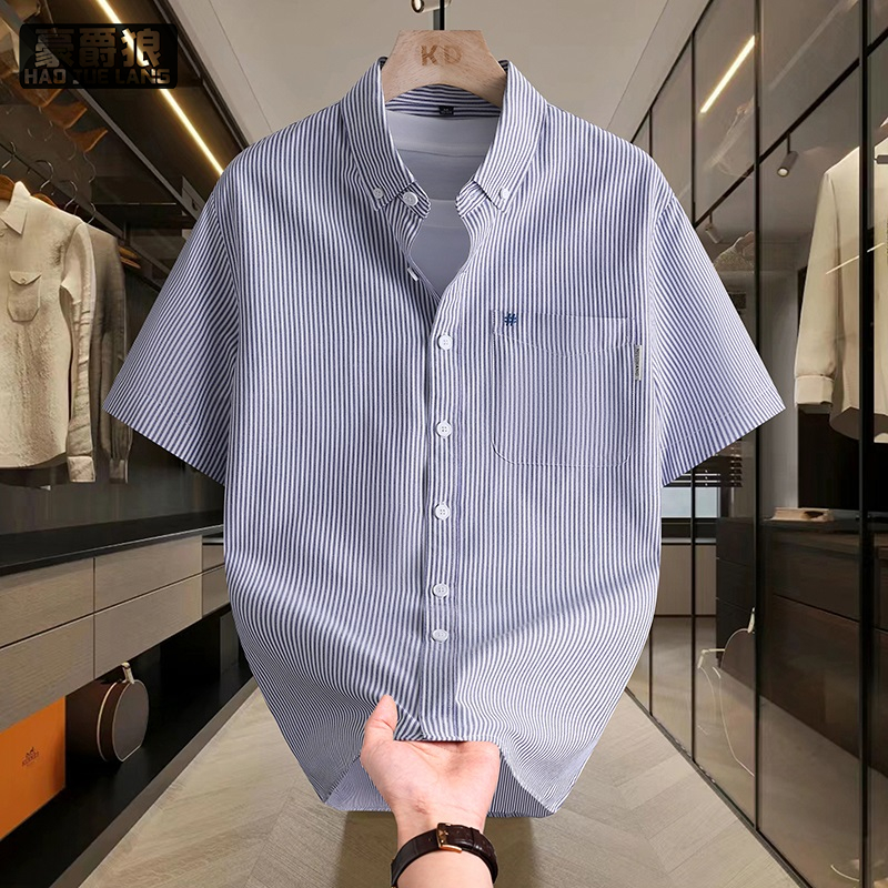 12313495.细条纹短袖衬衫男夏季新款潮流时尚帅气上衣服男宽松百搭衬衣