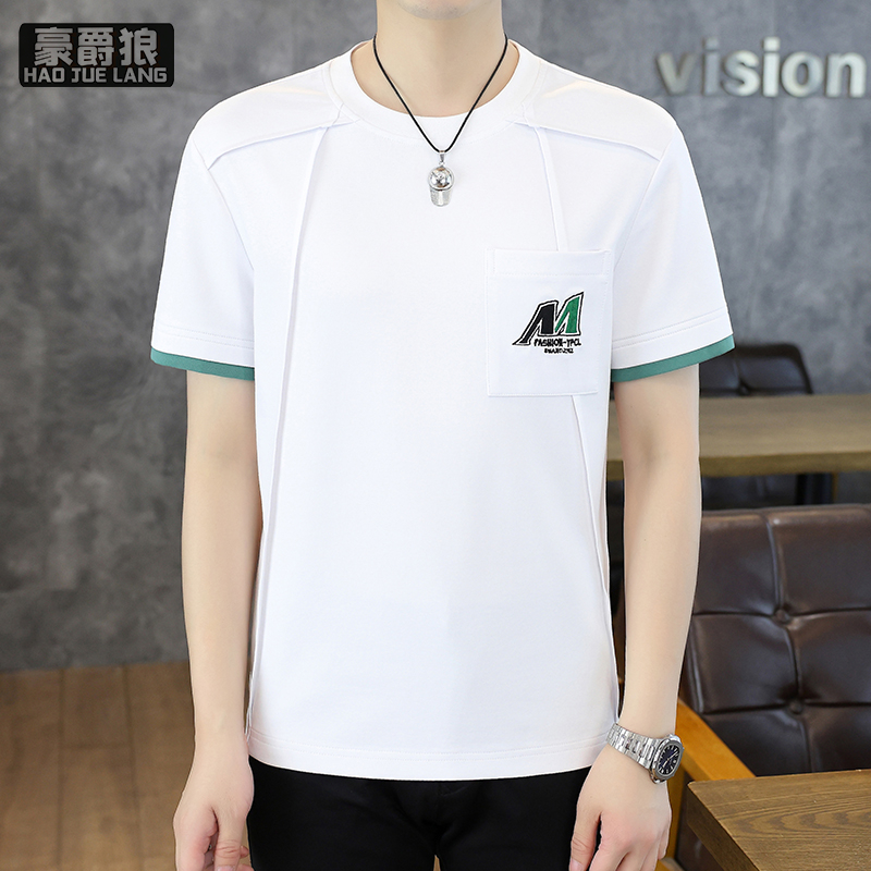 12313461.新款男士休闲短袖t恤潮牌痞帅线条刺绣运动男生时尚圆领上衣
