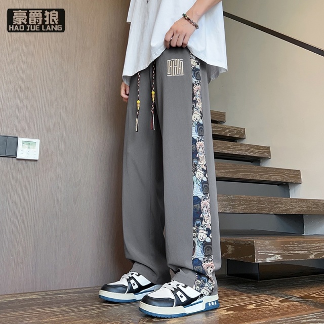 12313436.冰丝裤子男士夏季薄款国风刺绣九分男裤宽松速干运动休闲男生裤子