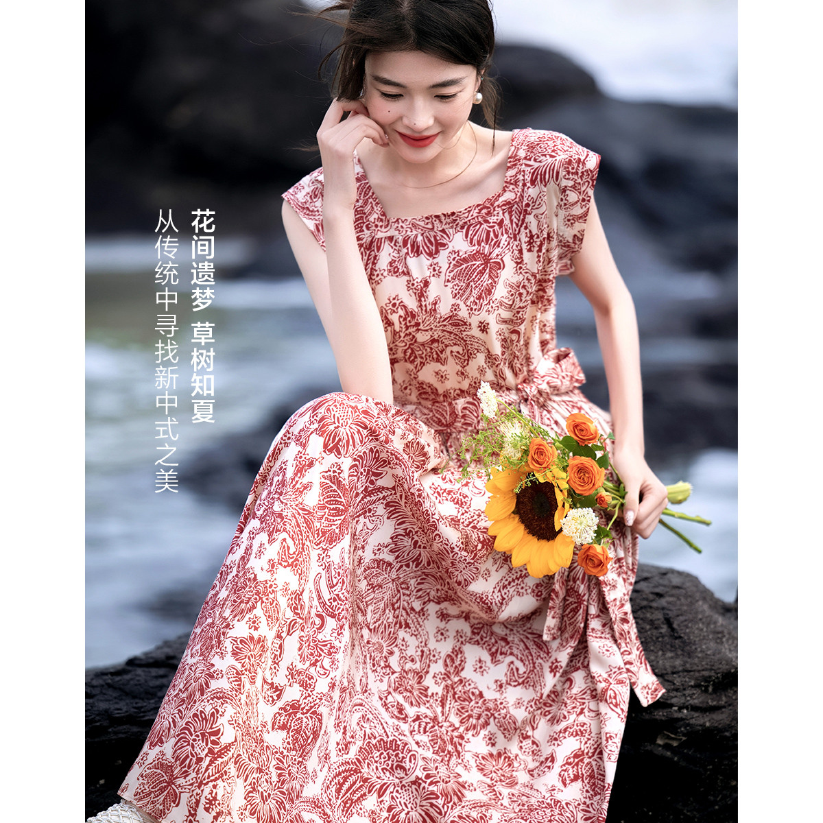 12340985.【花间遗梦】夏季国风新中式方领绑带飞袖收腰印花气质女式连衣裙