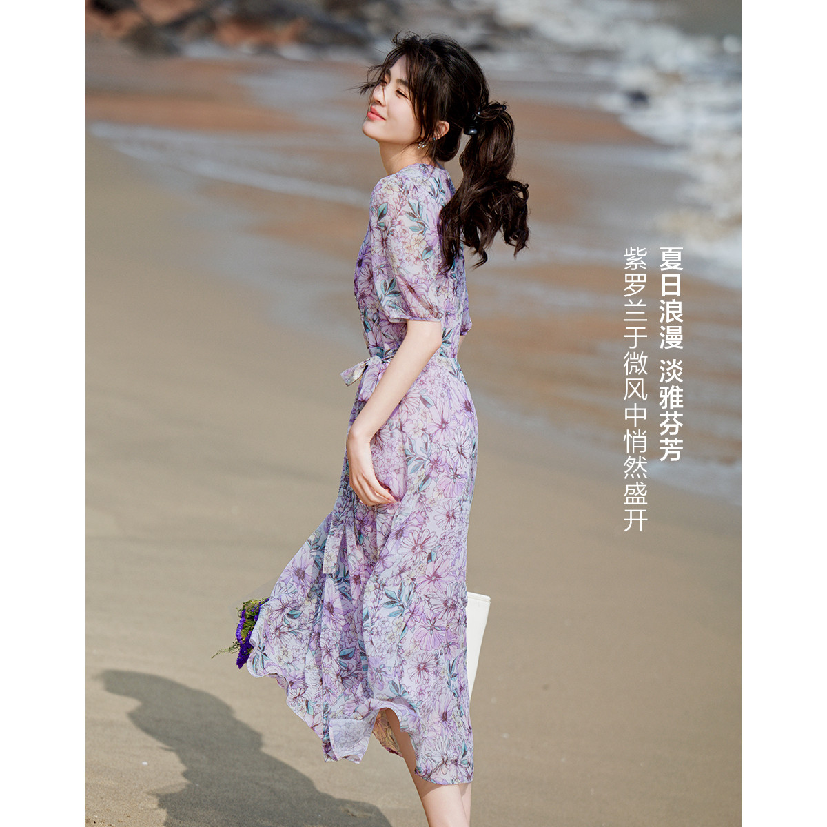12339361.【花光悦影】夏季轻盈75D雪纺珠印花V领腰封不规则女式连衣裙