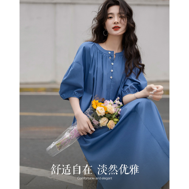 12341106.【克莱因蓝】夏季松弛感纯棉泡泡袖宽松腰遮肉中长款女式连衣裙