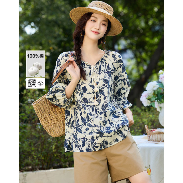 12331943.【一花一世界】夏季舒适纯棉印花衬衫系带领七分袖衬衣女装上衣