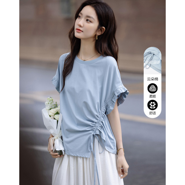 12338790.【不对称美感】夏季设计感侧边抽绳抽褶打底衫舒适棉氨宽松女t恤