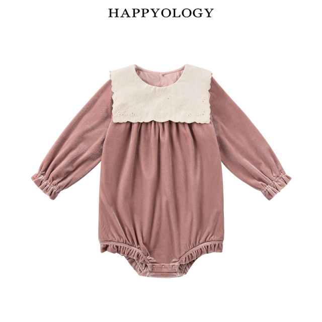 12314969.【新生儿好礼】happyology英国秋冬婴幼儿宝宝爬服丝绒绣花长袖连体衣