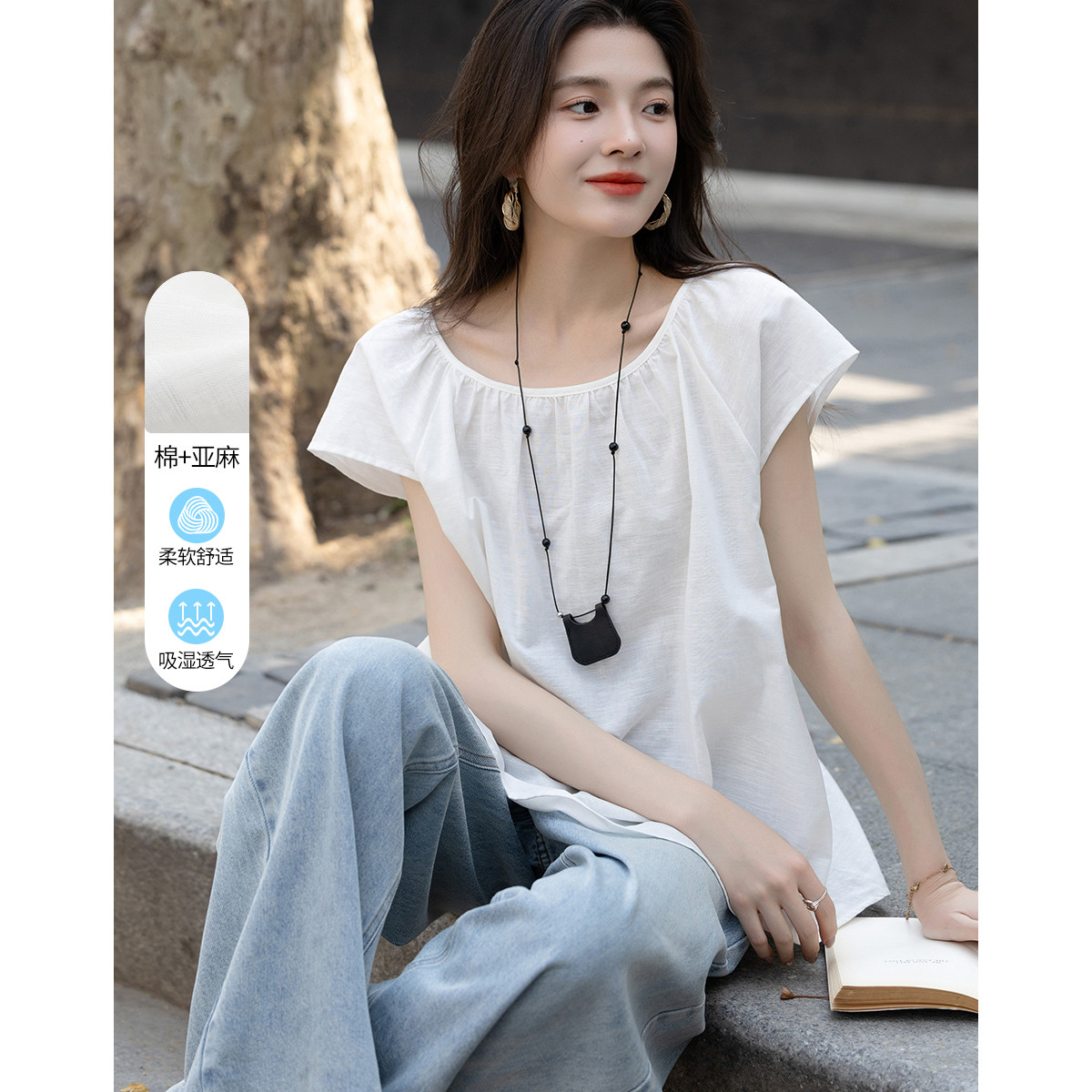 12331735.【通勤白月光】夏季爽滑亚麻棉混纺衬衫圆领绑带宽松衬衣女装上衣