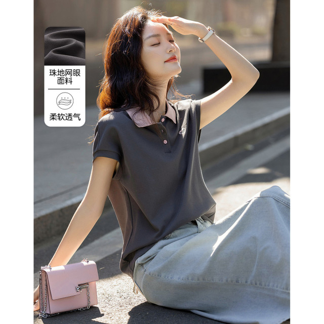 12339072.【通勤设计感】夏季撞色定织罗纹翻领绣花打底衫珠地网眼女式t恤