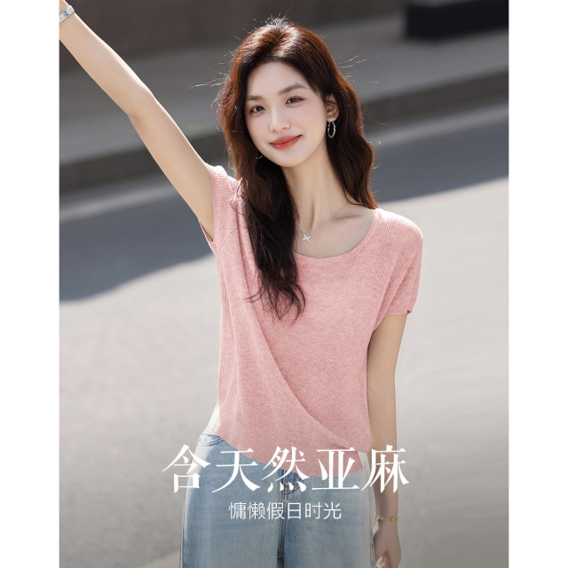 12339711.【含天然亚麻】夏季气质大圆领短袖线衫宽松小个子针织衫女上衣