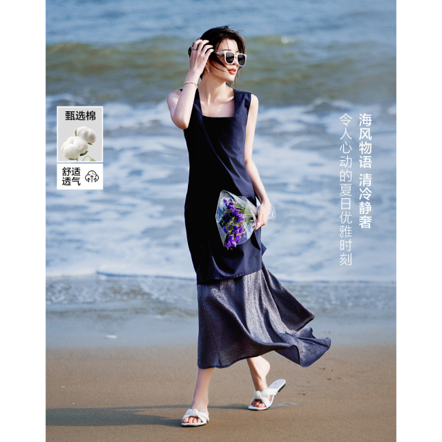 12339095.【纯棉岛屿】夏季复古通勤方领无袖宽松腰不规则拼接撞色女连衣裙