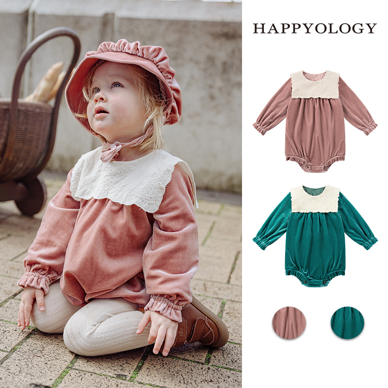 12314969.【新生儿好礼】happyology英国秋冬婴幼儿宝宝爬服丝绒绣花长袖连体衣