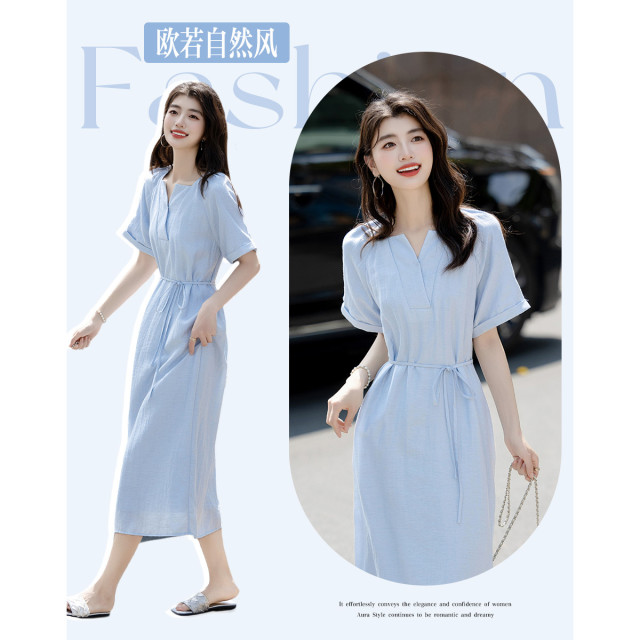 12340228.【自然系欧若风】夏季清爽亚麻混纺V字方领直筒小个子女式连衣裙