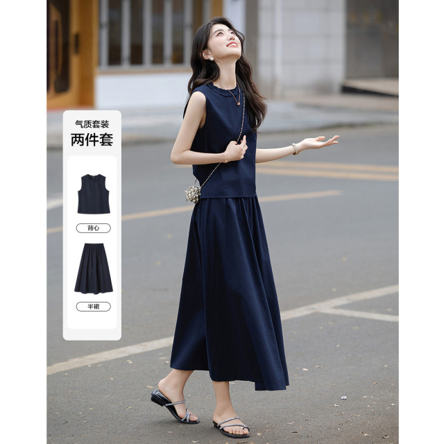 12332783.【天然亚麻棉竹节布】夏季法式圆领无袖上衣木耳边半裙套装两件套