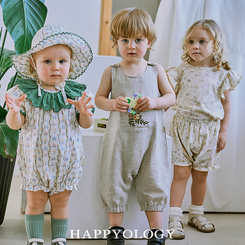 12314956.happyology英国儿童夏装爬服婴幼儿百天宝宝大口袋绣花连体衣