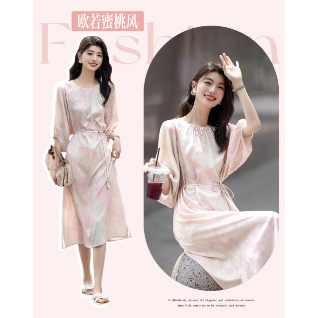 12338944.【蜜桃欧若风】夏季复古法式暗提花腰带中袖A字藏肉女式连衣裙