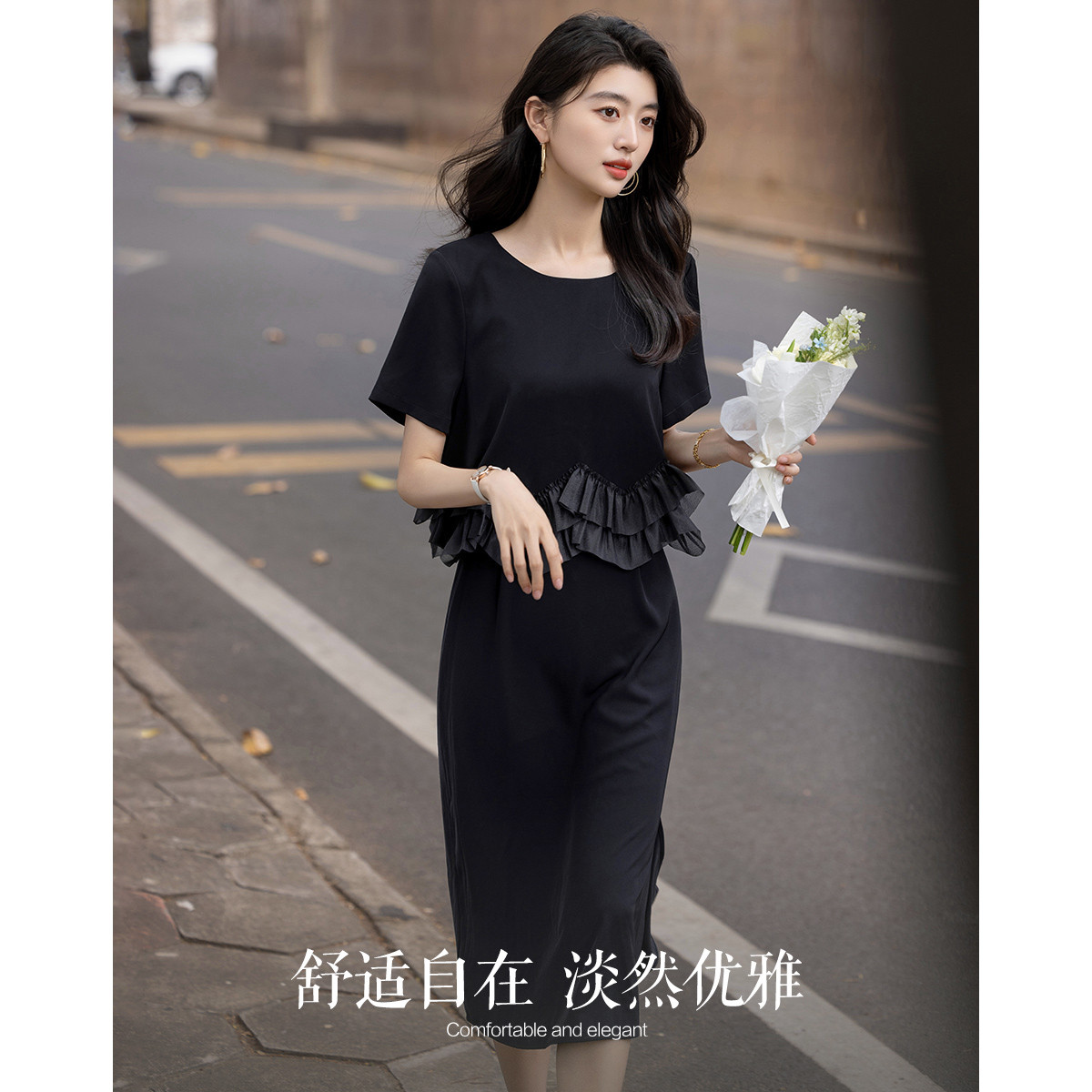 12327391.【优雅假两件】夏季80D乱麻荷叶边拼接后中隐拉中长女式连衣裙