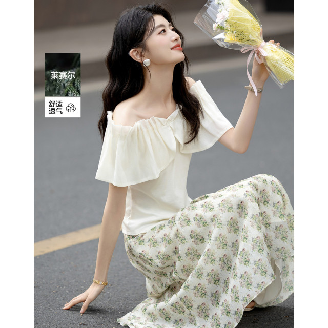 12331007.【含环保莱赛尔】夏季优雅圆领一字肩两穿不规则下摆短款女式t恤