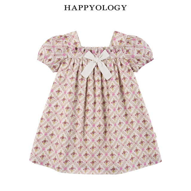 12314955.happyology英国儿童新品连身裙春夏装蝴蝶结泡泡袖公主女童连衣裙