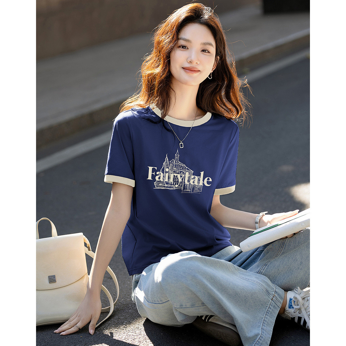 12338867.【活力CHIC】夏季舒适棉氨字母印花打底衫撞色圆领修身女t恤