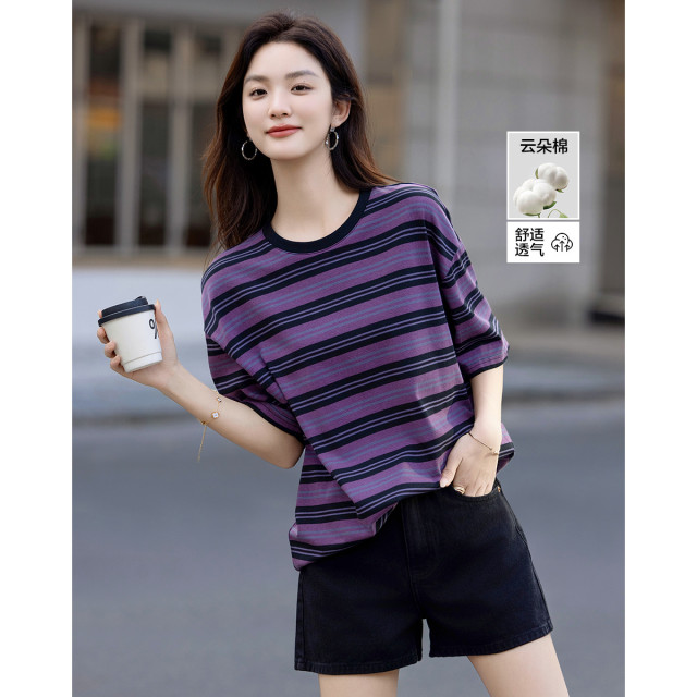 12335637.【纵享阳光棉】夏季复古松弛感条纹打底衫撞色圆领五分袖女式t恤