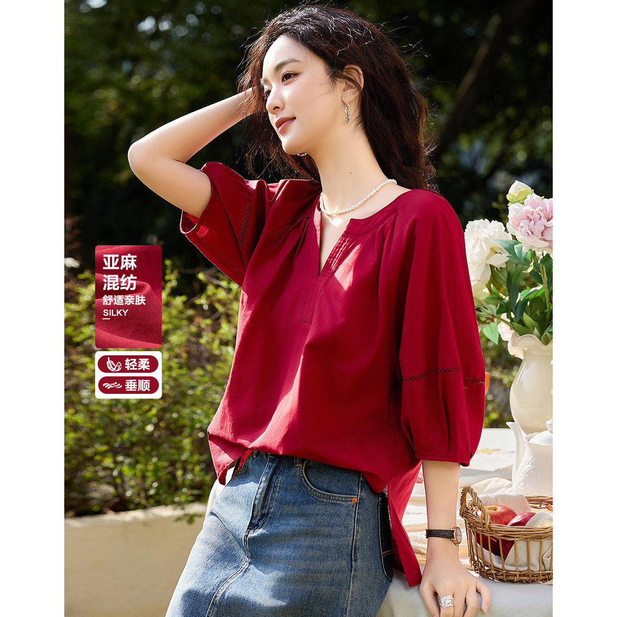 13342227.【小玫瑰】夏季V字圆领棉亚麻混纺衬衫花苞袖开叉衬衣女装上衣