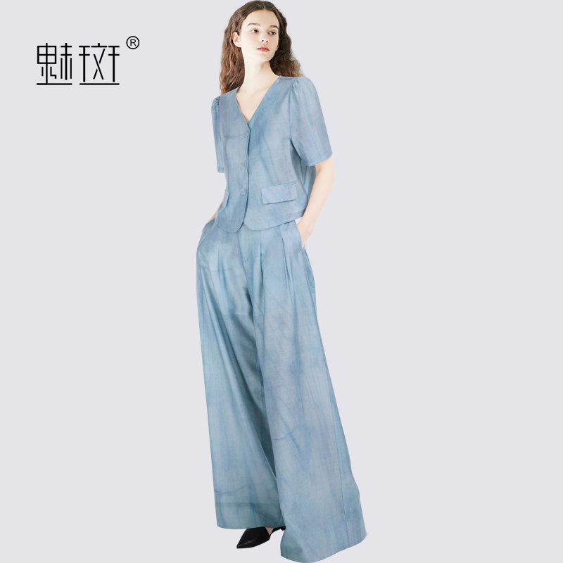 12313967.魅斑休闲简约两件套蓝色裤子套装