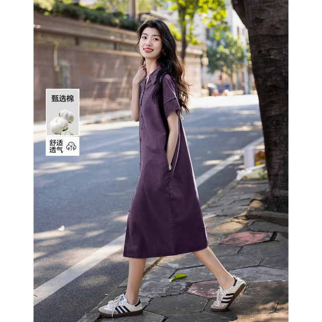 12341734.【实穿主义】夏季简约风翻领云朵棉宽松舒适短袖女式牛仔连衣裙
